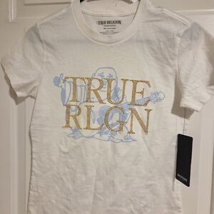 True Religion White Tee with Gold and Blue Graphic